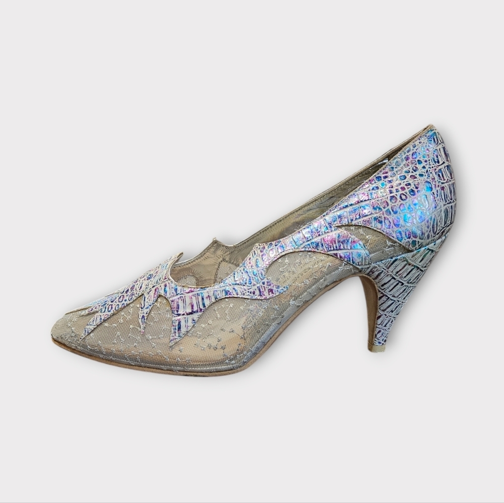 El Vaquero Vintage Iridescent Croc Embossed & Metallic Embroidered Mesh Heels
